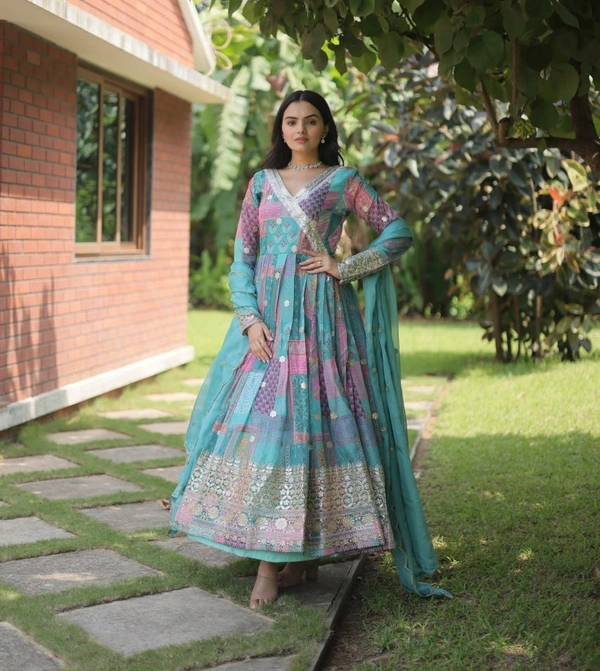 FWKA DESIGNER PRINTED EMBROIDERED RUSSIAN SILK GOWN - XL-40, Cyan Aqua