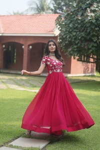 FWKA PREMIUM DESIGNER CORDING EMBROIDERED GOWN - M-38, Maroon Flush
