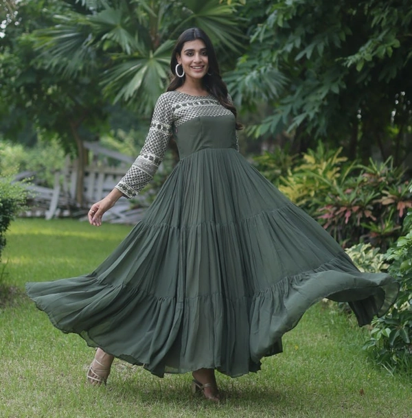 FWKA DESIGNER ZARI SEQUINS WORK GOWN - L-40, Dark Fern