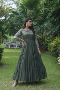 FWKA DESIGNER ZARI SEQUINS WORK GOWN - L-40, Dark Fern