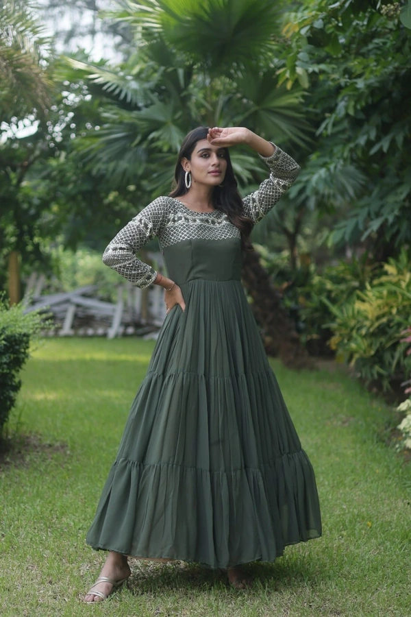 FWKA DESIGNER ZARI SEQUINS WORK GOWN - L-40, Dark Fern