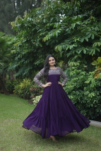 FWKA DESIGNER ZARI SEQUINS WORK GOWN - L-40, Ebony Clay