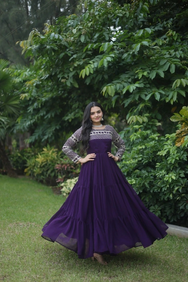 FWKA DESIGNER ZARI SEQUINS WORK GOWN - L-40, Ebony Clay