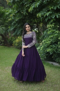 FWKA DESIGNER ZARI SEQUINS WORK GOWN - L-40, Ebony Clay