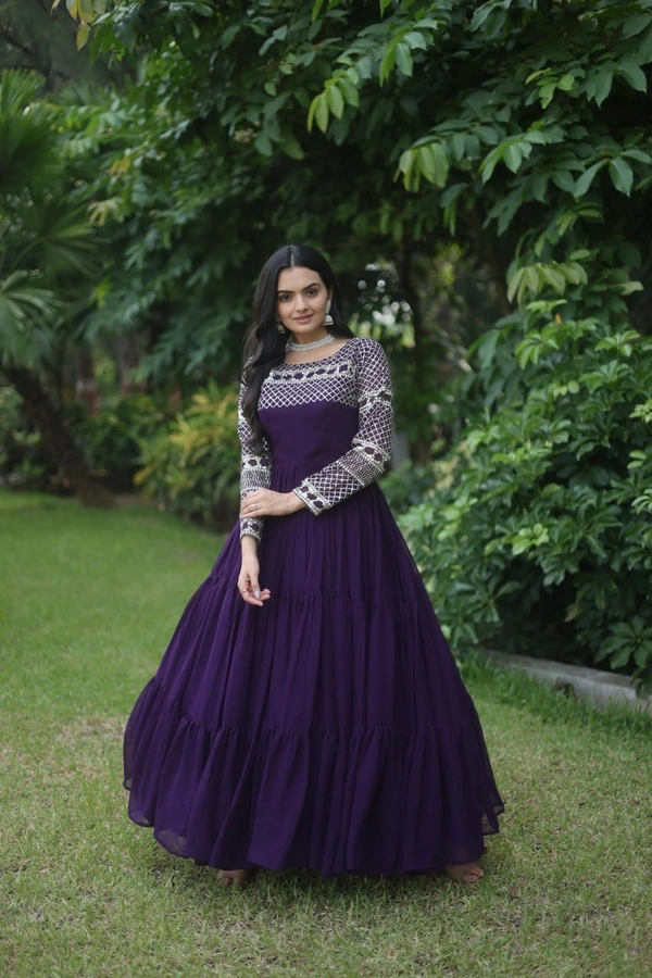 FWKA DESIGNER ZARI SEQUINS WORK GOWN - L-40, Ebony Clay