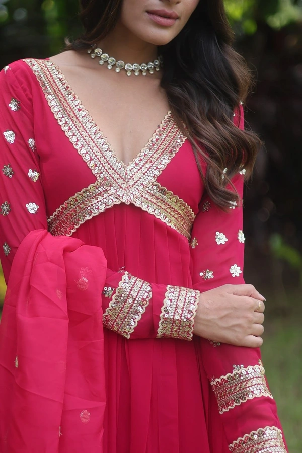 FWKA PREMIUM READYMADE ALIA CUT ZARI SEQUINS WORK GOWN WITH DUPATTA - L-40, Maroon Flush