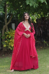 FWKA PREMIUM READYMADE ALIA CUT ZARI SEQUINS WORK GOWN WITH DUPATTA - L-40, Maroon Flush