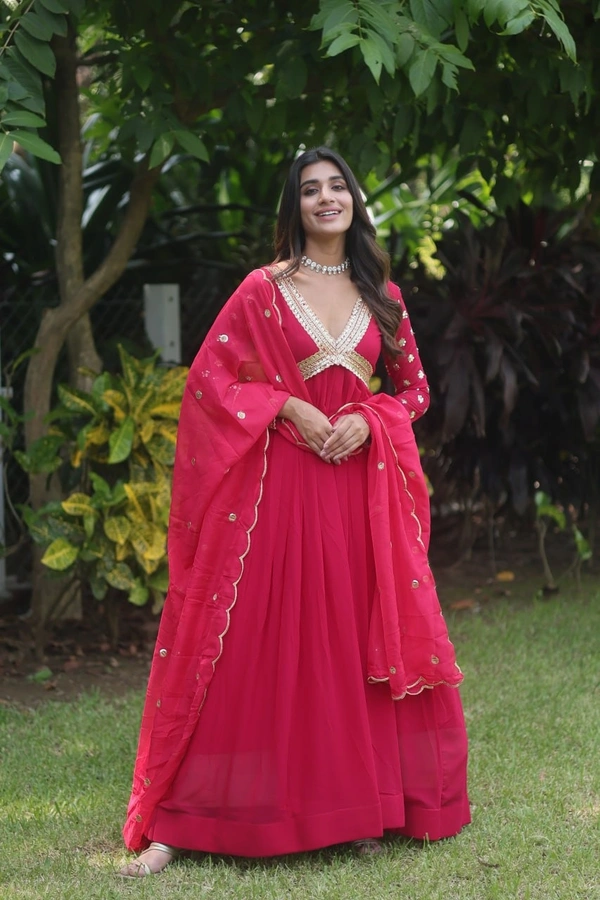 FWKA PREMIUM READYMADE ALIA CUT ZARI SEQUINS WORK GOWN WITH DUPATTA - L-40, Maroon Flush