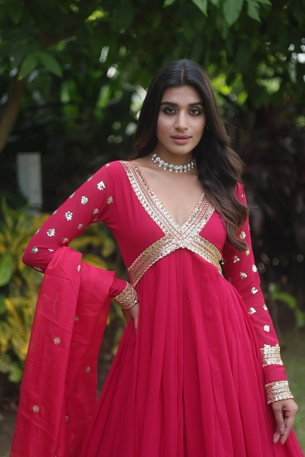 FWKA PREMIUM READYMADE ALIA CUT ZARI SEQUINS WORK GOWN WITH DUPATTA - L-40, Maroon Flush