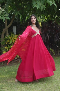FWKA PREMIUM READYMADE ALIA CUT ZARI SEQUINS WORK GOWN WITH DUPATTA - L-40, Maroon Flush