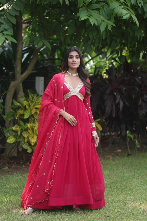 FWKA PREMIUM READYMADE ALIA CUT ZARI SEQUINS WORK GOWN WITH DUPATTA - L-40, Maroon Flush