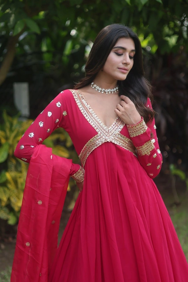 FWKA PREMIUM READYMADE ALIA CUT ZARI SEQUINS WORK GOWN WITH DUPATTA - L-40, Maroon Flush