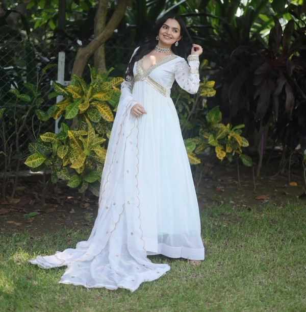 FWKA PREMIUM READYMADE ALIA CUT ZARI SEQUINS WORK GOWN WITH DUPATTA - L-40, White