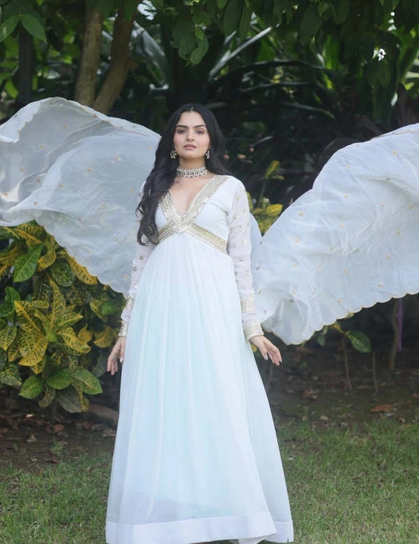 FWKA PREMIUM READYMADE ALIA CUT ZARI SEQUINS WORK GOWN WITH DUPATTA - L-40, White