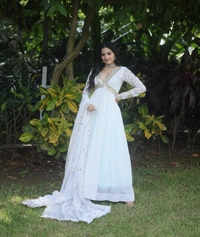 FWKA PREMIUM READYMADE ALIA CUT ZARI SEQUINS WORK GOWN WITH DUPATTA - L-40, White