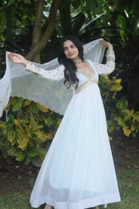 FWKA PREMIUM READYMADE ALIA CUT ZARI SEQUINS WORK GOWN WITH DUPATTA - L-40, White