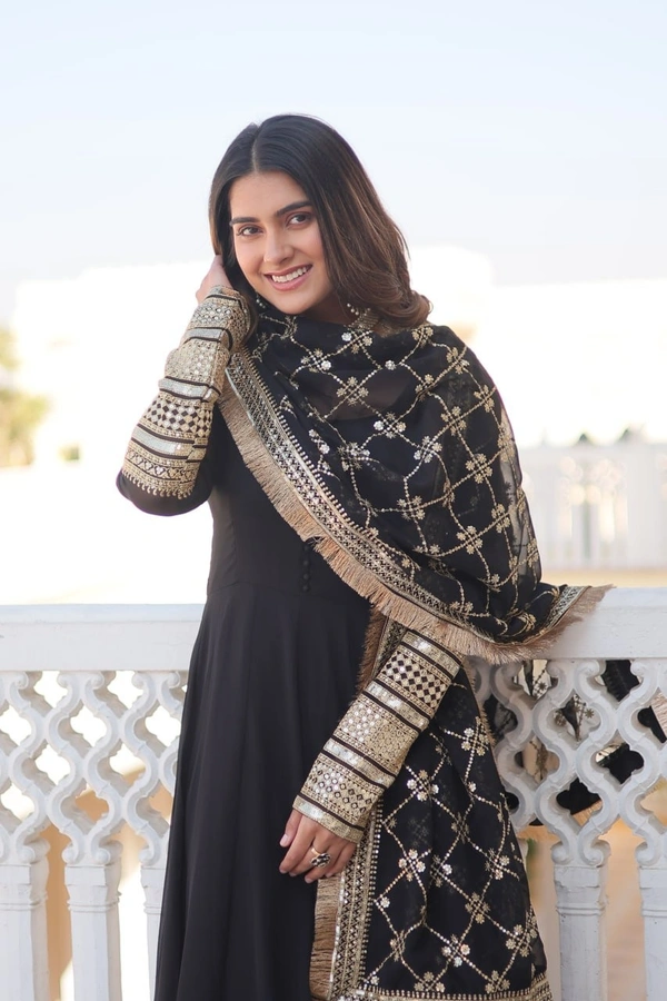 FWKA FANCY SEQUINS EMBROIDERED FAUX BLOOMING GOWN WITH DUPATTA - M-38, Black