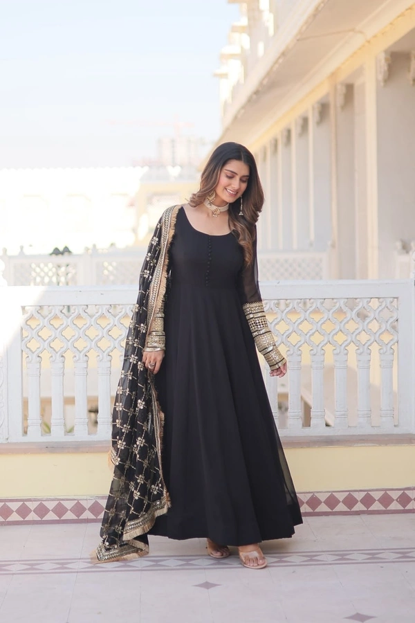 FWKA FANCY SEQUINS EMBROIDERED FAUX BLOOMING GOWN WITH DUPATTA - M-38, Black