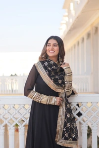 FWKA FANCY SEQUINS EMBROIDERED FAUX BLOOMING GOWN WITH DUPATTA - M-38, Black