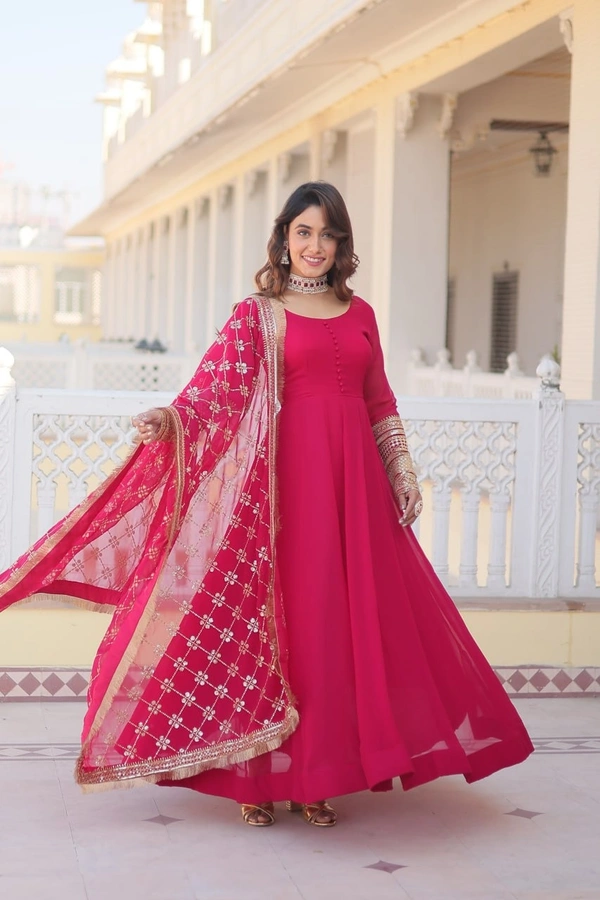 FWKA FANCY SEQUINS EMBROIDERED FAUX BLOOMING GOWN WITH DUPATTA - L-40, Pinkish Red