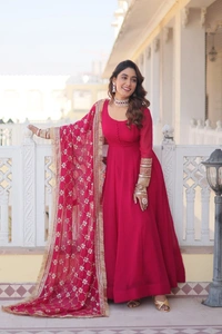 FWKA FANCY SEQUINS EMBROIDERED FAUX BLOOMING GOWN WITH DUPATTA - L-40, Pinkish Red