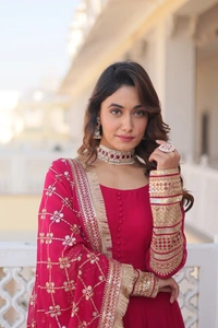 FWKA FANCY SEQUINS EMBROIDERED FAUX BLOOMING GOWN WITH DUPATTA - L-40, Pinkish Red