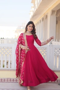 FWKA FANCY SEQUINS EMBROIDERED FAUX BLOOMING GOWN WITH DUPATTA - L-40, Pinkish Red