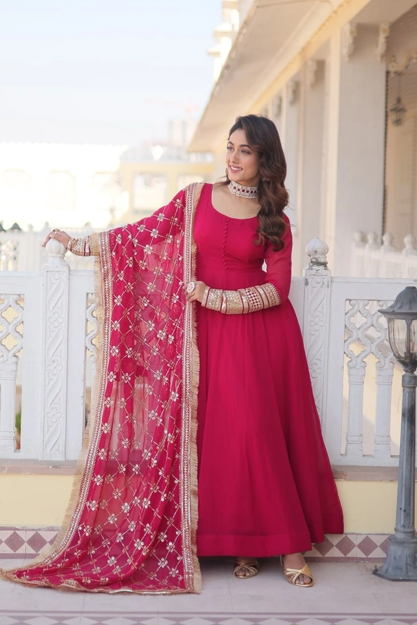 FWKA FANCY SEQUINS EMBROIDERED FAUX BLOOMING GOWN WITH DUPATTA - L-40, Pinkish Red