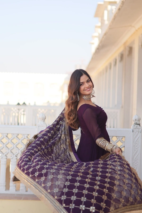 FWKA FANCY SEQUINS EMBROIDERED FAUX BLOOMING GOWN WITH DUPATTA - M-38, Wine