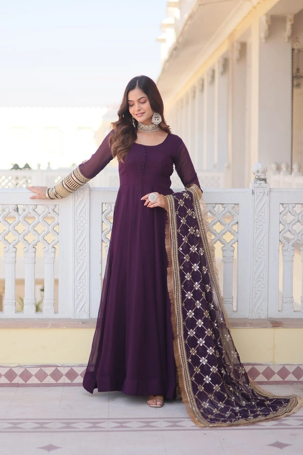 FWKA FANCY SEQUINS EMBROIDERED FAUX BLOOMING GOWN WITH DUPATTA - M-38, Wine