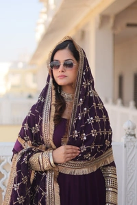 FWKA FANCY SEQUINS EMBROIDERED FAUX BLOOMING GOWN WITH DUPATTA - M-38, Wine