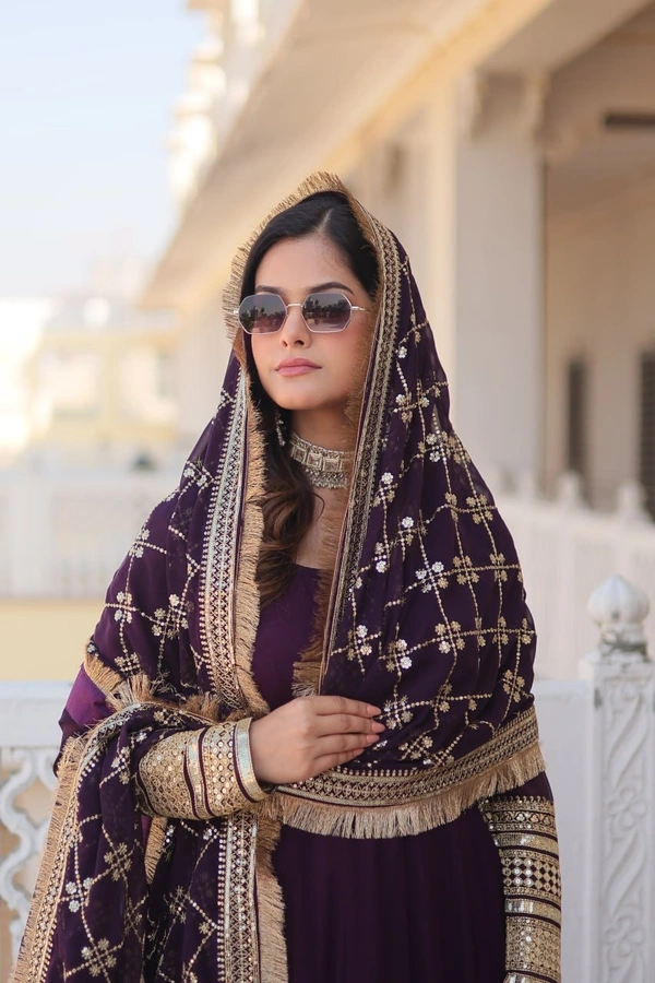 FWKA FANCY SEQUINS EMBROIDERED FAUX BLOOMING GOWN WITH DUPATTA - M-38, Wine