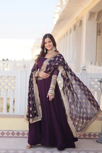 FWKA FANCY SEQUINS EMBROIDERED FAUX BLOOMING GOWN WITH DUPATTA - M-38, Wine