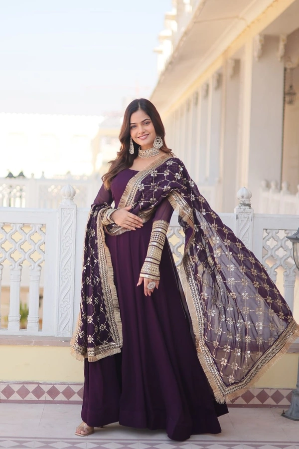 FWKA FANCY SEQUINS EMBROIDERED FAUX BLOOMING GOWN WITH DUPATTA - M-38, Wine