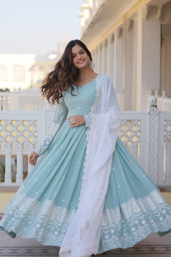 FWKA PREMIUM THREAD SEQUINS EMBROIDERED GEORGETTE GOWN - M-38, Picton Blue
