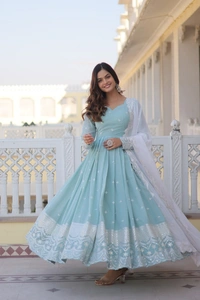FWKA PREMIUM THREAD SEQUINS EMBROIDERED GEORGETTE GOWN - M-38, Picton Blue