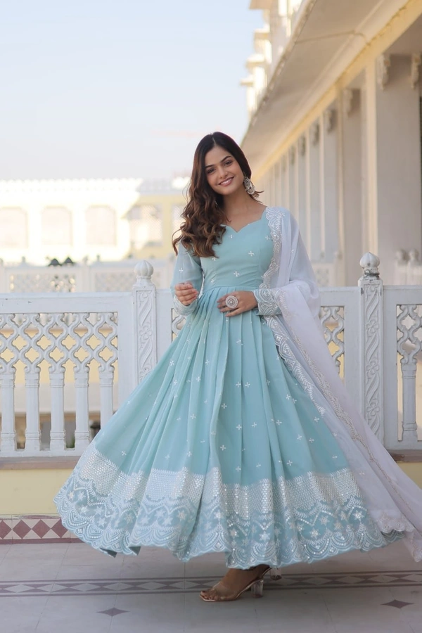 FWKA PREMIUM THREAD SEQUINS EMBROIDERED GEORGETTE GOWN - M-38, Picton Blue