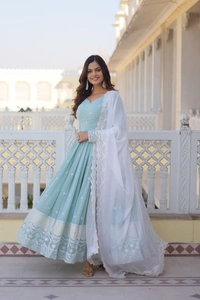 FWKA PREMIUM THREAD SEQUINS EMBROIDERED GEORGETTE GOWN - M-38, Picton Blue