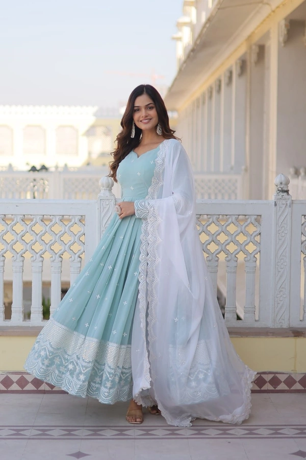 FWKA PREMIUM THREAD SEQUINS EMBROIDERED GEORGETTE GOWN - M-38, Picton Blue