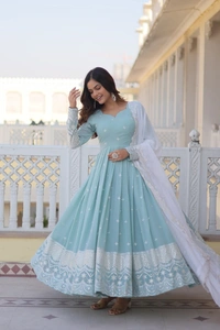 FWKA PREMIUM THREAD SEQUINS EMBROIDERED GEORGETTE GOWN - M-38, Picton Blue