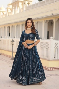 FWKA DESIGNER SEQUINS THREAD EMBROIDERED LEHENGA CHOLI COLLECTION - Green Vogue