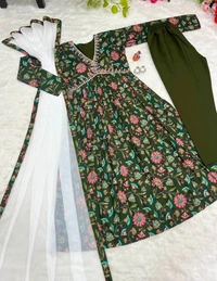 FWBML ALIYA CUT DESIGNER KURTI SET WITH BEAUTIFUL GREEN COLOR AND PRINT - M-38, Thatch Green