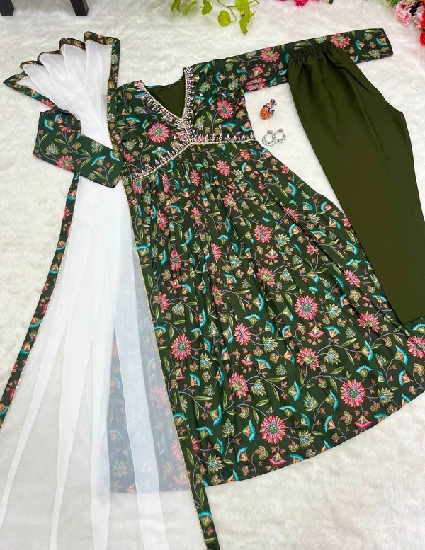 FWBML ALIYA CUT DESIGNER KURTI SET WITH BEAUTIFUL GREEN COLOR AND PRINT - M-38, Thatch Green