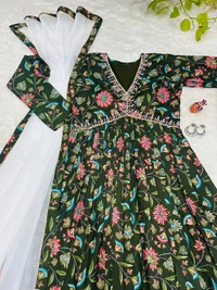 FWBML ALIYA CUT DESIGNER KURTI SET WITH BEAUTIFUL GREEN COLOR AND PRINT - M-38, Thatch Green
