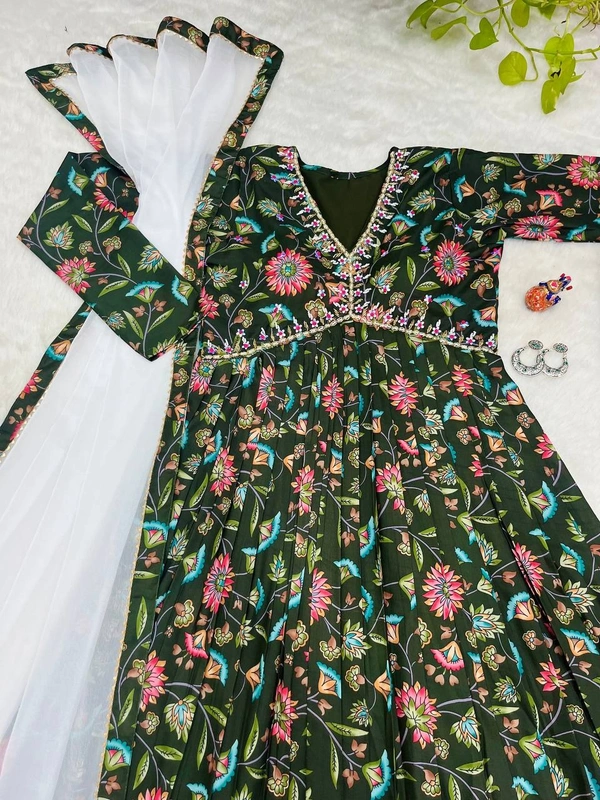 FWBML ALIYA CUT DESIGNER KURTI SET WITH BEAUTIFUL GREEN COLOR AND PRINT - M-38, Thatch Green