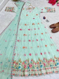 FWMBL ANARKALI SEQUINS THREAD EMBROIDEREDKURTI WITH DUPATTA - XL - FREE SIZE, Moss Green