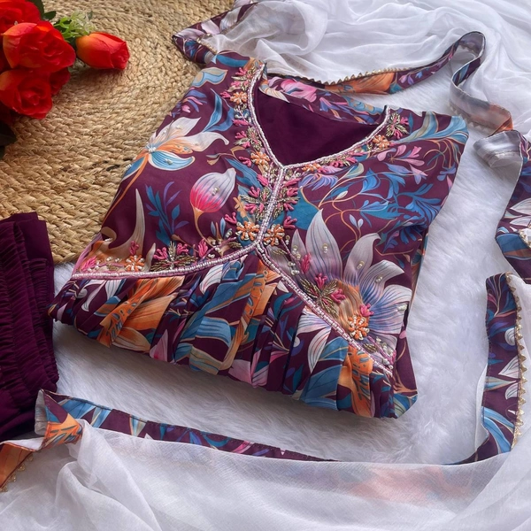 FWMBL FLOWER PRINT ALIYA CUT KURTI DUPATTA WITH THREAD WORK - M-38, Wine Berry