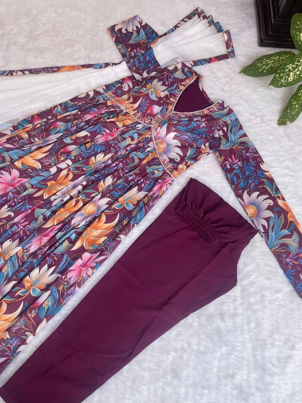 FWMBL FLOWER PRINT ALIYA CUT KURTI DUPATTA WITH THREAD WORK - M-38, Wine Berry