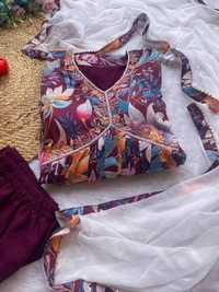 FWMBL FLOWER PRINT ALIYA CUT KURTI DUPATTA WITH THREAD WORK - M-38, Wine Berry