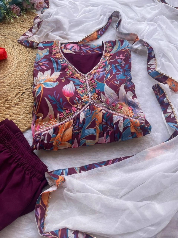 FWMBL FLOWER PRINT ALIYA CUT KURTI DUPATTA WITH THREAD WORK - M-38, Wine Berry